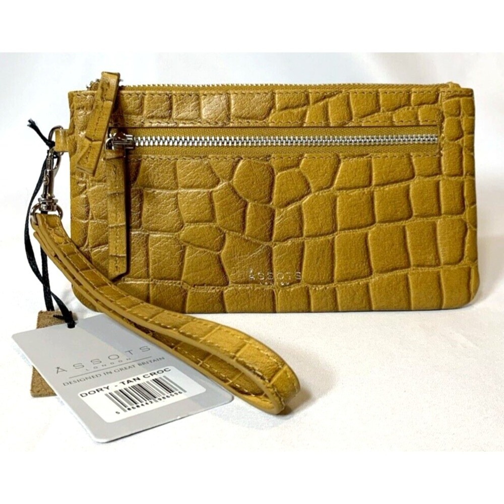 ASSOTS London Wristlet Leather DORY Tan Croc Embossed Wallet NEW w Tags MSRP $71